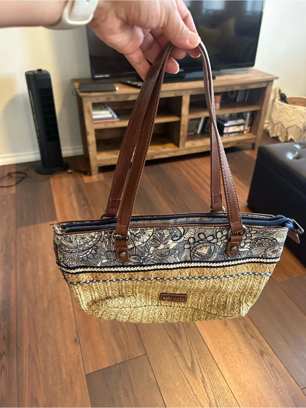Sakroots Ellis Small Satchel Purse, Woven Straw Tote, Boho Summer Shoulder Purse